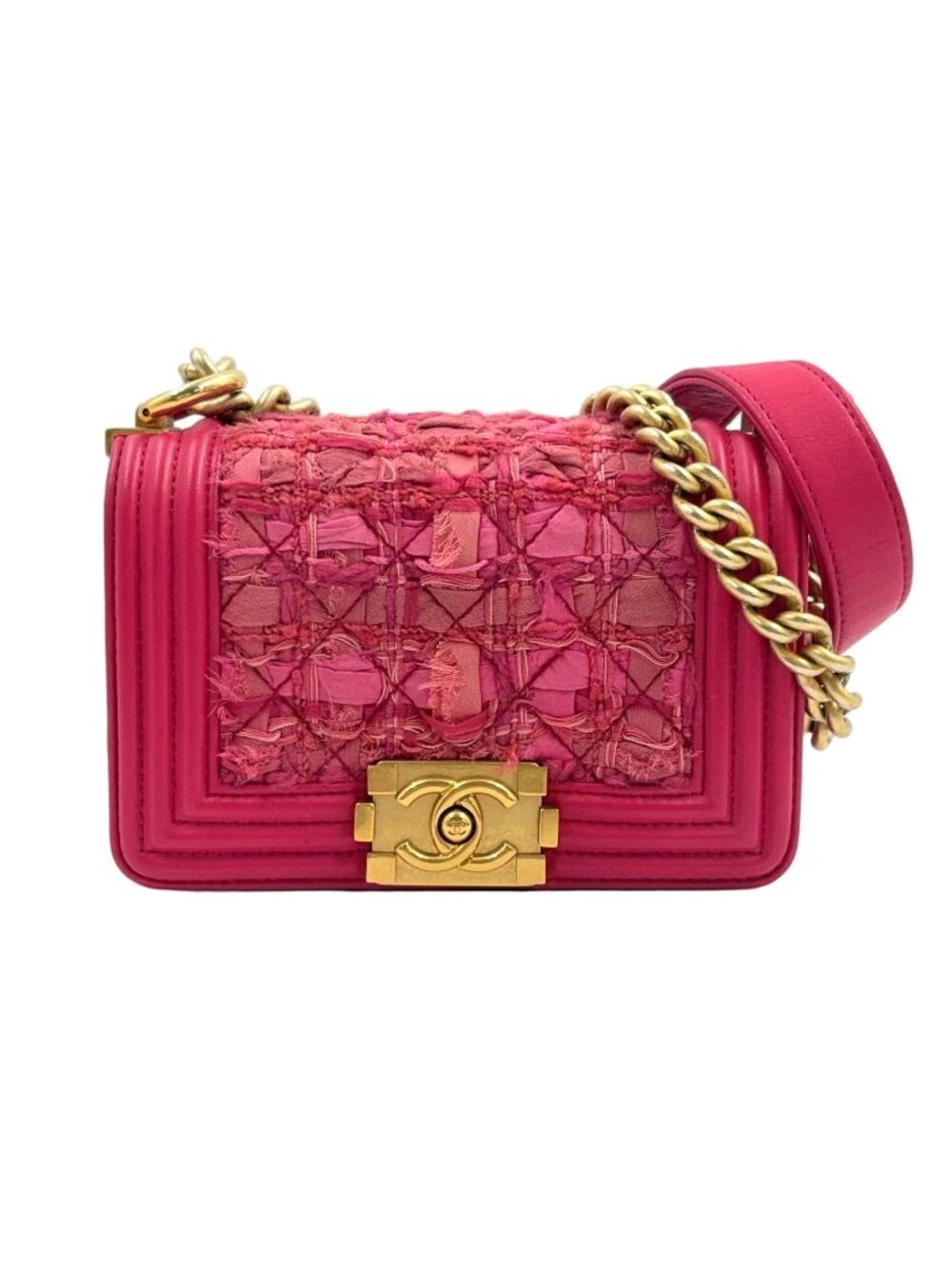 Chanel Boy Small Tweed Lambskin Pink Chain Shoulder Bag Gold